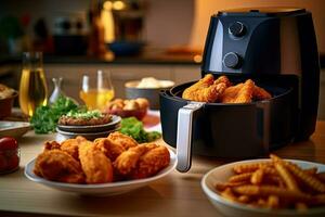 air friteuse avec frit pané poulet sur le table dans le cuisine. génératif ai photo