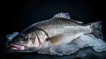 une Frais mer basse poisson sur glace. mer basse poisson. génératif ai photo