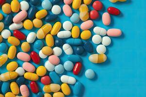 pilules est entouré par une pile de coloré pilules photo