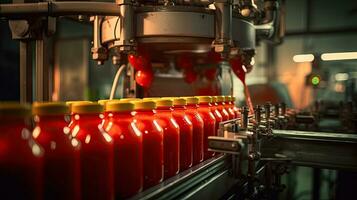 tomate jus remplissage machine dans industriel les plantes. génératif ai photo