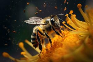 une abeille avec Jaune fleur pollen explosion. les abeilles sont apportant pollen. ouvrier abeille. génératif ai photo