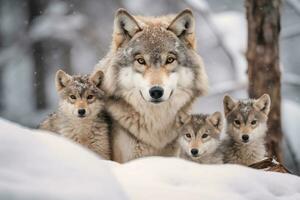 mère Loup et Loup petits dans hiver neige. génératif ai. photo