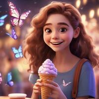 gratuit Pixar style personnage avec la glace crème, réaliste arrière-plan, ai génératif photo