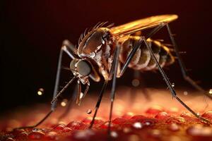 aedes moustique cette porte la dengue fièvre, zika virus est succion du sang sur une personne peau. les moustiques sont transporteurs de la dengue fièvre et paludisme. chikungunya, Mayaro, Jaune fièvre. génératif ai photo