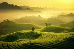 aérien vue de d'or et vert en terrasse riz des champs, magnifique Chine. deux chinois Les agriculteurs. Matin brouillard. lever du soleil. haute montagnes. haute - qualité caméra tir. photo