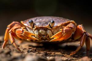 fermer de une plage Crabe génératif ai photo