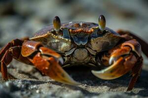 fermer de une plage Crabe génératif ai photo