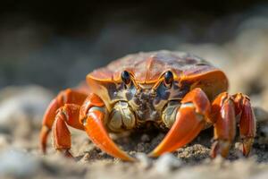 fermer de une plage Crabe génératif ai photo