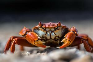 fermer de une plage Crabe génératif ai photo