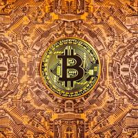 fermer de une bitcoin avec une unique toile de fond génératif ai photo