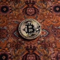 fermer de une bitcoin avec une unique toile de fond génératif ai photo