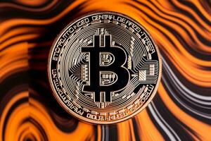 fermer de une bitcoin avec une unique toile de fond génératif ai photo