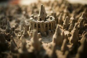 détaillé château de sable sur une plage génératif ai photo