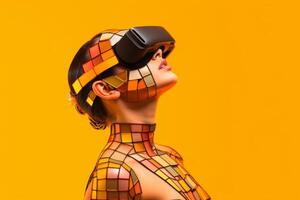 fortement stylisé portrait de une femme immergé dans une vr casque simulation génératif ai photo