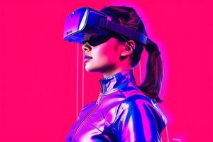 fortement stylisé portrait de une femme immergé dans une vr casque simulation génératif ai photo