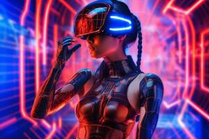 fortement stylisé portrait de une femme immergé dans une vr casque simulation génératif ai photo