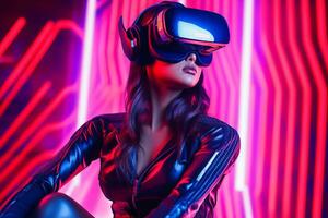 fortement stylisé portrait de une femme immergé dans une vr casque simulation génératif ai photo