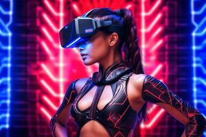 fortement stylisé portrait de une femme immergé dans une vr casque simulation génératif ai photo