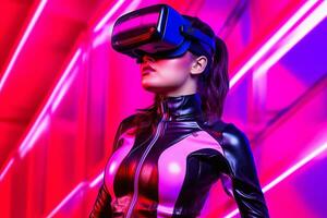 fortement stylisé portrait de une femme immergé dans une vr casque simulation génératif ai photo