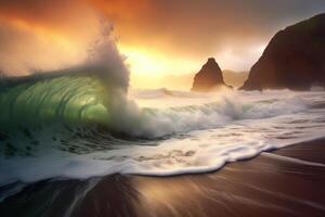 vagues éclabousser sur une scénique plage génératif ai photo