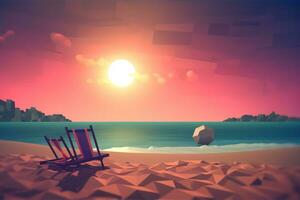 low-poly crépuscule plage Contexte génératif ai photo