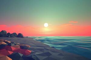 low-poly crépuscule plage Contexte génératif ai photo