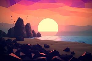 low-poly crépuscule plage Contexte génératif ai photo