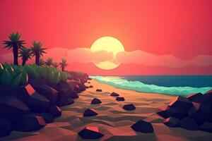 low-poly crépuscule plage Contexte génératif ai photo