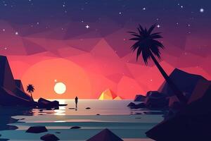 low-poly crépuscule plage Contexte génératif ai photo