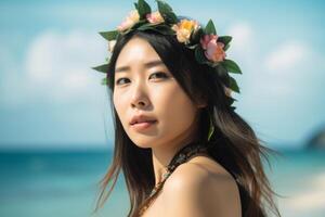 portrait de un asiatique femme sur tropical plage génératif ai photo