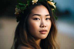 portrait de un asiatique femme sur tropical plage génératif ai photo