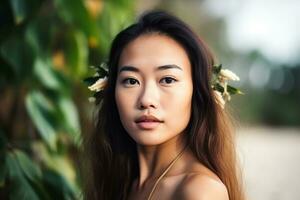 portrait de un asiatique femme sur tropical plage génératif ai photo