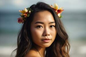 portrait de un asiatique femme sur tropical plage génératif ai photo