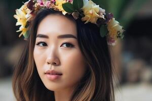 portrait de un asiatique femme sur tropical plage génératif ai photo