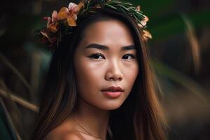 portrait de un asiatique femme sur tropical plage génératif ai photo