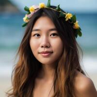 portrait de un asiatique femme sur tropical plage génératif ai photo