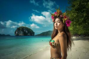 portrait de un asiatique femme sur tropical plage génératif ai photo