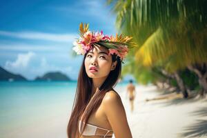 portrait de un asiatique femme sur tropical plage génératif ai photo