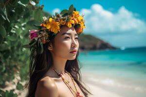 portrait de un asiatique femme sur tropical plage génératif ai photo