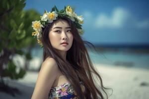 portrait de un asiatique femme sur tropical plage génératif ai photo