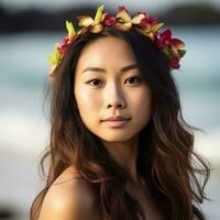 portrait de un asiatique femme sur tropical plage génératif ai photo