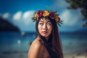 portrait de un asiatique femme sur tropical plage génératif ai photo