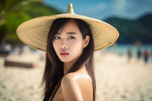 portrait de un asiatique femme sur tropical plage génératif ai photo