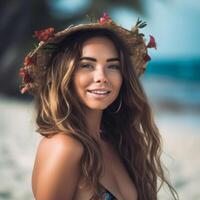 portrait de un attrayant Jeune femme sur tropical plage génératif ai photo