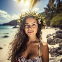 portrait de un attrayant Jeune femme sur tropical plage génératif ai photo