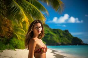 portrait de un attrayant Jeune femme sur tropical plage génératif ai photo