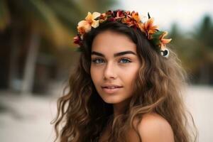 portrait de un attrayant Jeune femme sur tropical plage génératif ai photo