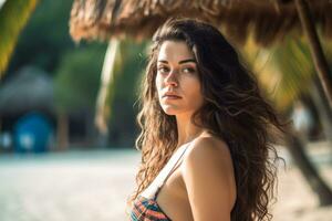 portrait de un attrayant Jeune femme sur tropical plage génératif ai photo