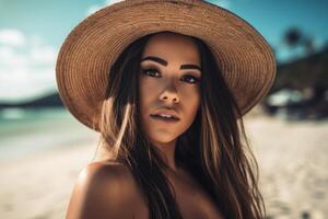 portrait de un attrayant Jeune femme sur tropical plage génératif ai photo