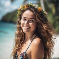 portrait de un attrayant Jeune femme sur tropical plage génératif ai photo